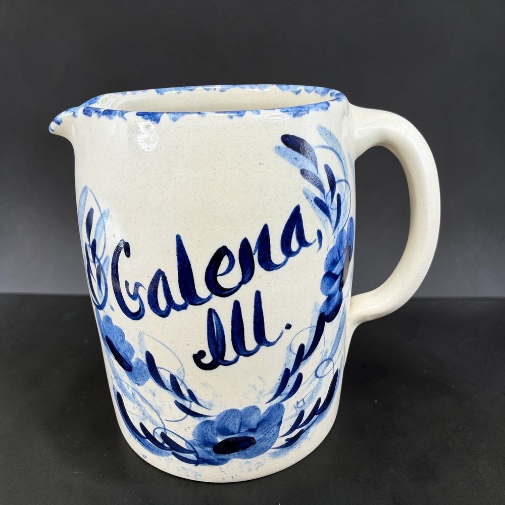 Yesteryears Pottery Galena Stoneware Pitcher Jug Blue Cobalt Floral Marshall TX